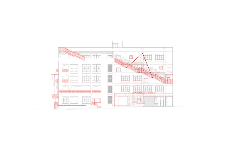 Elevation drawing depicting the building from the opposite side with diagonal red structural additions