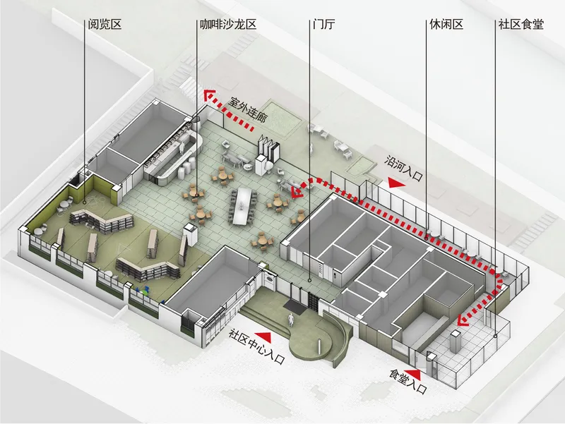 Axonometric drawing of ground floor layout showing courtyards and circulation paths with labeled zones