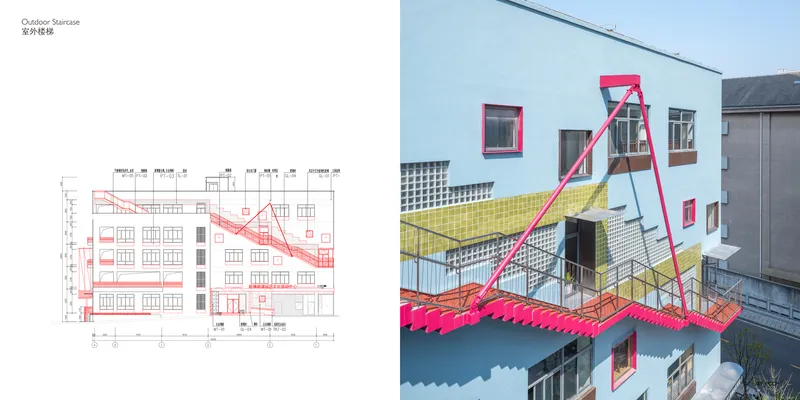 Elevation drawing showing the exterior staircase geometry overlaid in pink on a multi-story building section