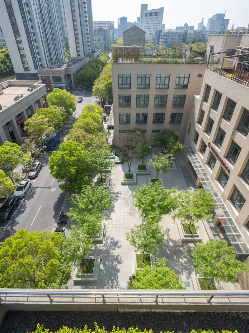 Aerial view of a courtyard plaza with trees and paving between low-rise and high-rise buildings