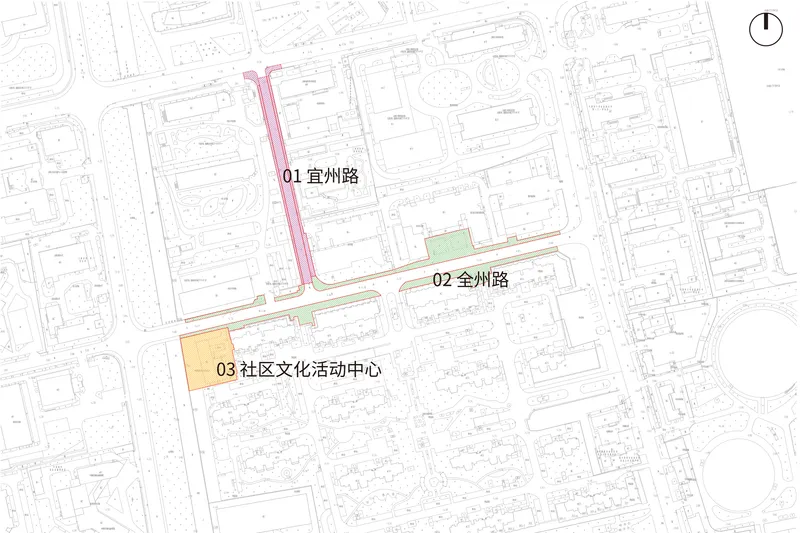 Site plan drawing showing three labeled buildings and surrounding streets with a north arrow