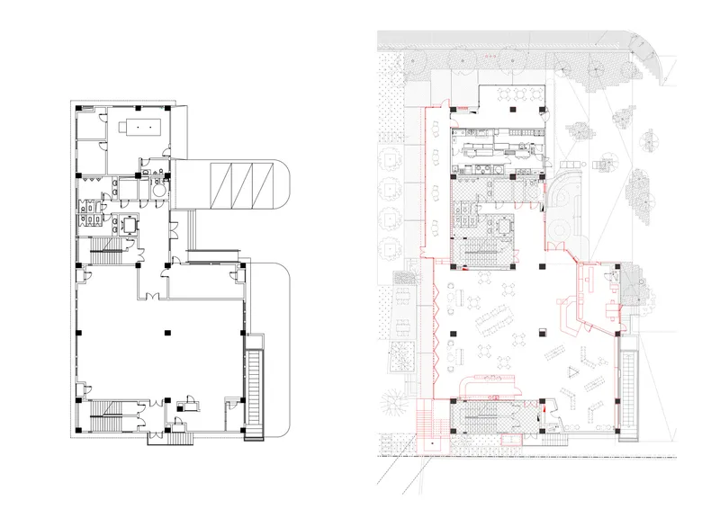 Floor plan drawing showing interior room layouts and an outdoor terrace with landscaping