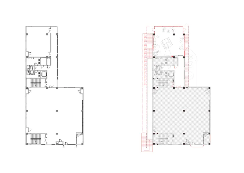 Floor plan drawing showing two levels with stairs, service areas, and large open spaces
