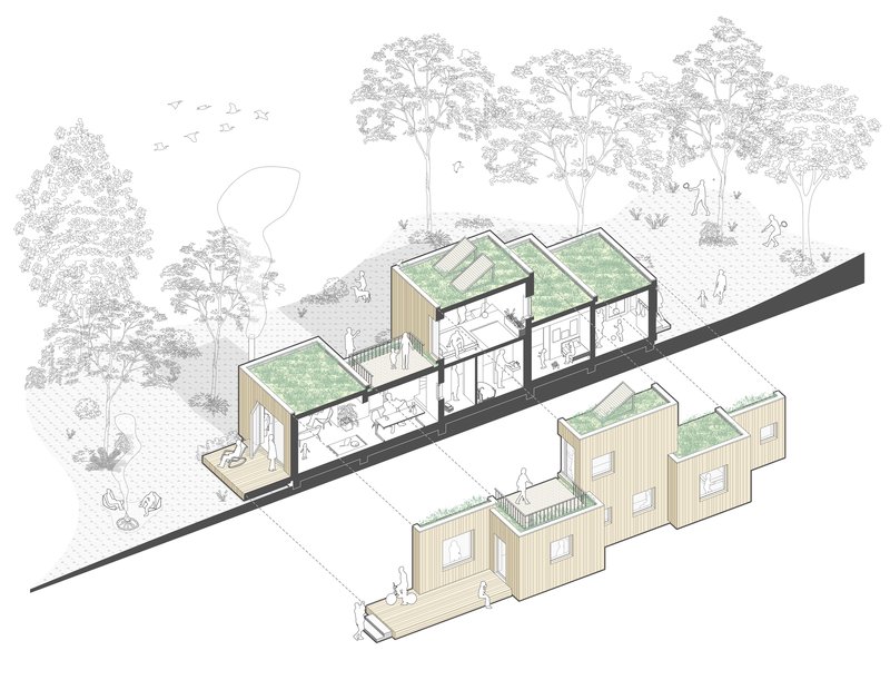 Axonometric drawing showing clustered timber-clad volumes with green roofs set among trees
