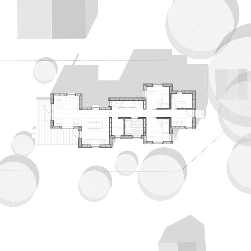 Floor plan drawing showing interconnected rooms around a central stair with surrounding tree canopies