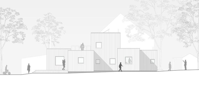Elevation drawing of vertical timber-clad volumes with scattered windows and silhouetted figures