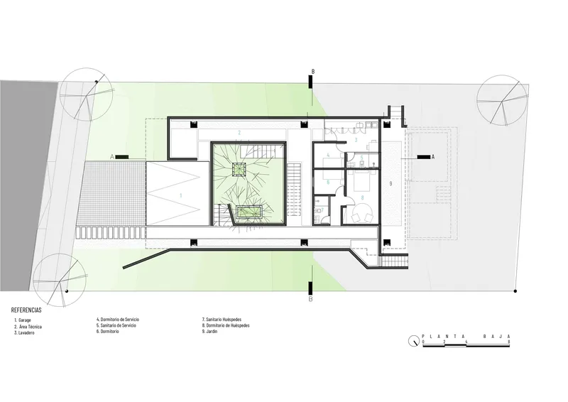 Floor plan drawing showing central stair void with surrounding rooms and outdoor terraces