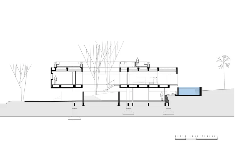 Longitudinal section drawing showing split-level interior spaces with trees and a pool on sloped terrain