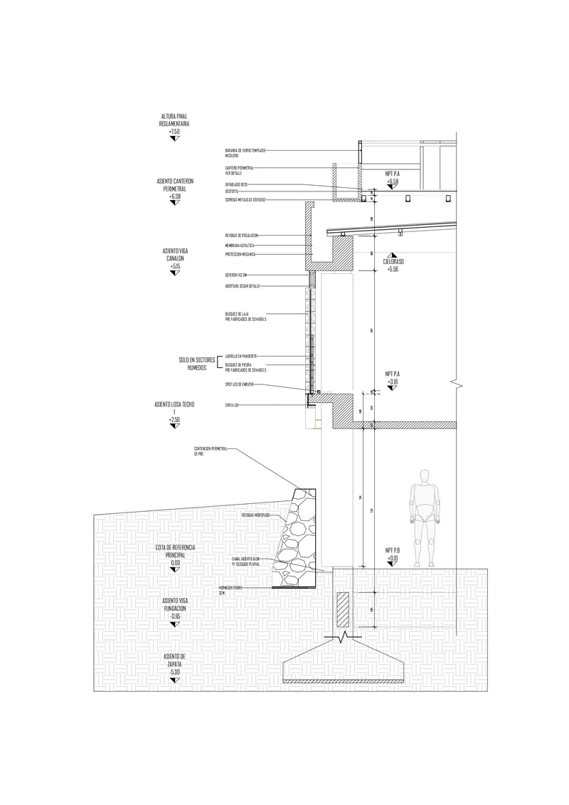 Construction detail drawing showing foundation, column base, floor slab assembly, and paving with human figure for scale