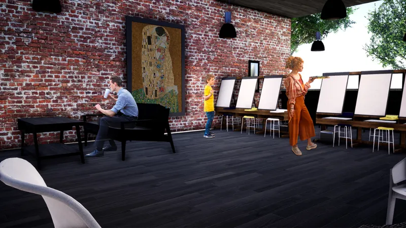Art and painting zone designed to support local talent within a warm brick-lined cafe interior.