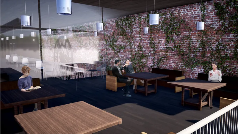 Lounge seating area with greenery, brick walls, pendant lights, and layered transparent partitions.