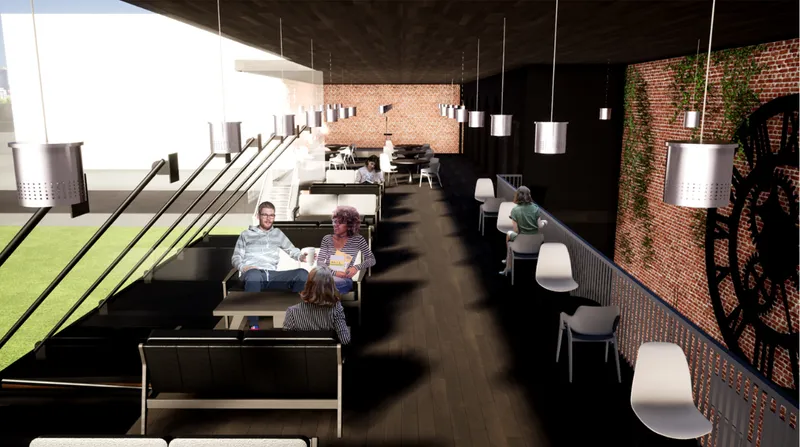 Upper-level seating space connecting park views, social gathering, and contemporary coffee house ambience.