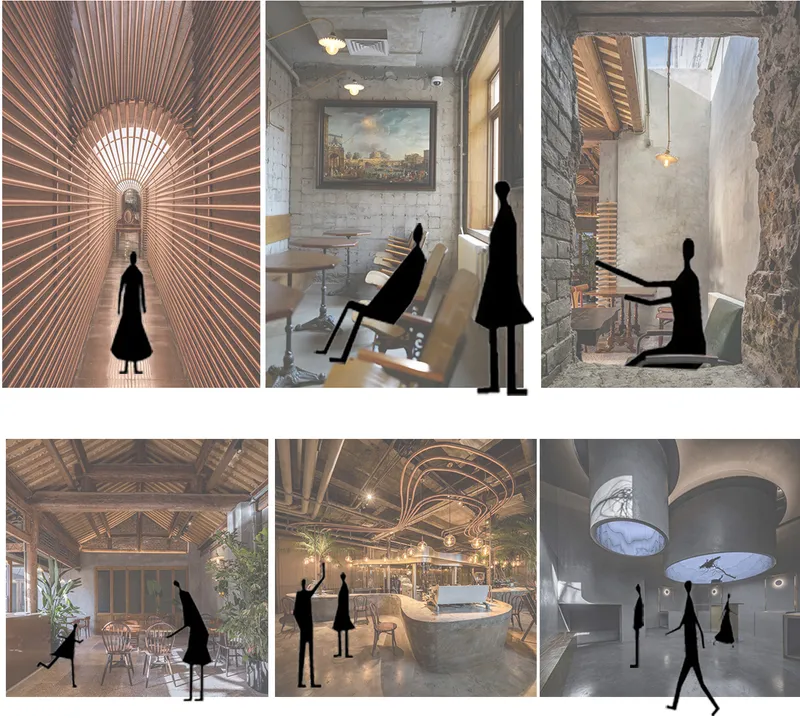 Concept collage showing Einheit Cafe’s atmospheric inspiration through light, texture, heritage, and sensory interior moments.