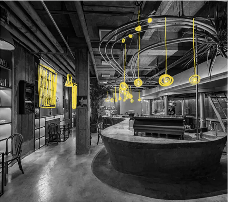 Bar area concept with industrial structure, curved counter, and expressive yellow lighting details.