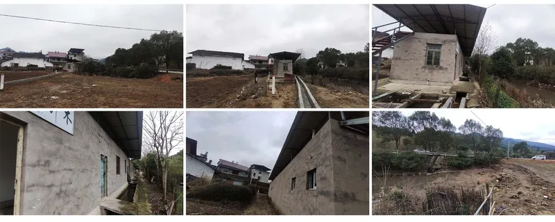 Photo collage showing construction progress of a concrete structure surrounded by bare earth and neighboring buildings