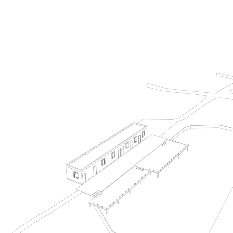 Axonometric drawing showing a rectangular building with covered walkway and adjacent paths extending into the landscape