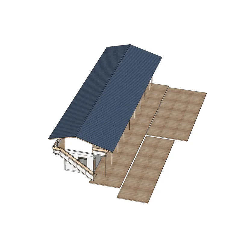 Axonometric view of the gabled roof with dark metal panels and timber deck extending from the main volume