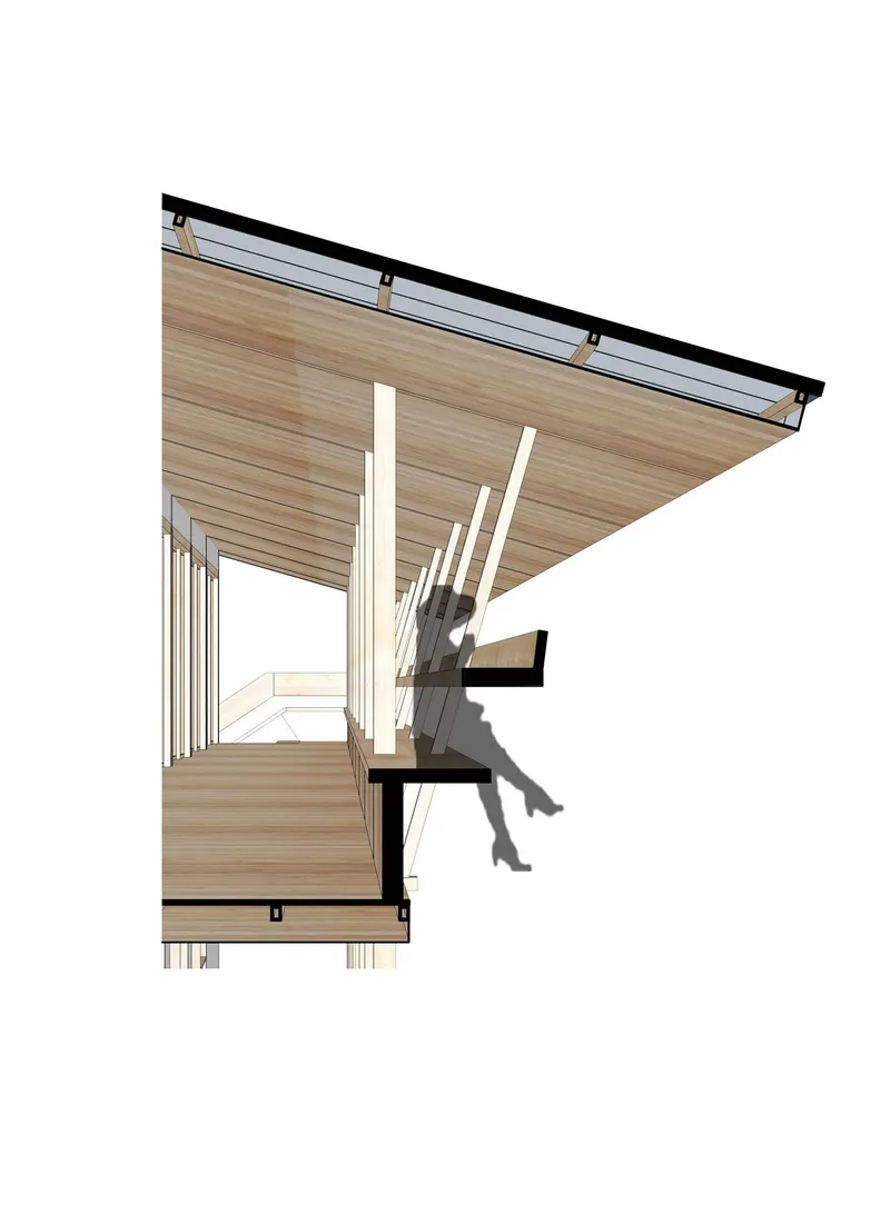Section drawing showing timber-clad interior with sloped ceiling, built-in bench and vertical slat railing