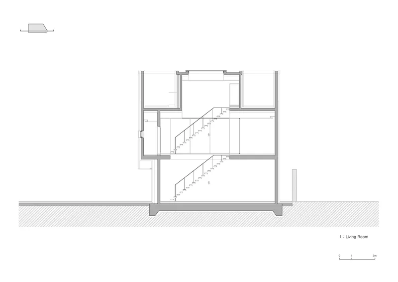 Section drawing showing three-level staircase connecting living spaces through the building height