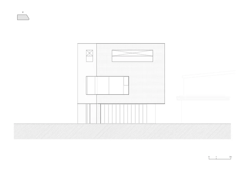 Elevation drawing showing a two-story volume on pilotis with a terrace and glazed openings