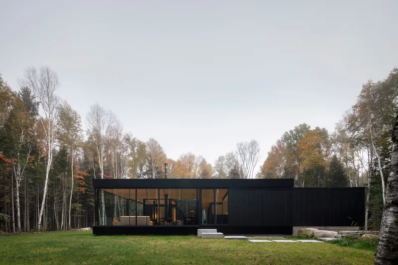 Black timber-clad residence with floor-to-ceiling glazing facing a lawn clearing surrounded by birch trees in autumn