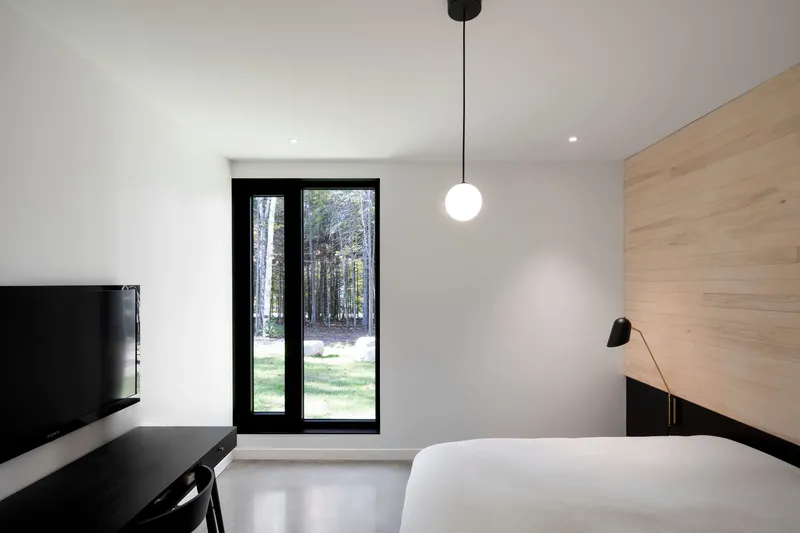 Bedroom with wood accent wall and black-framed window looking onto forest in daylight