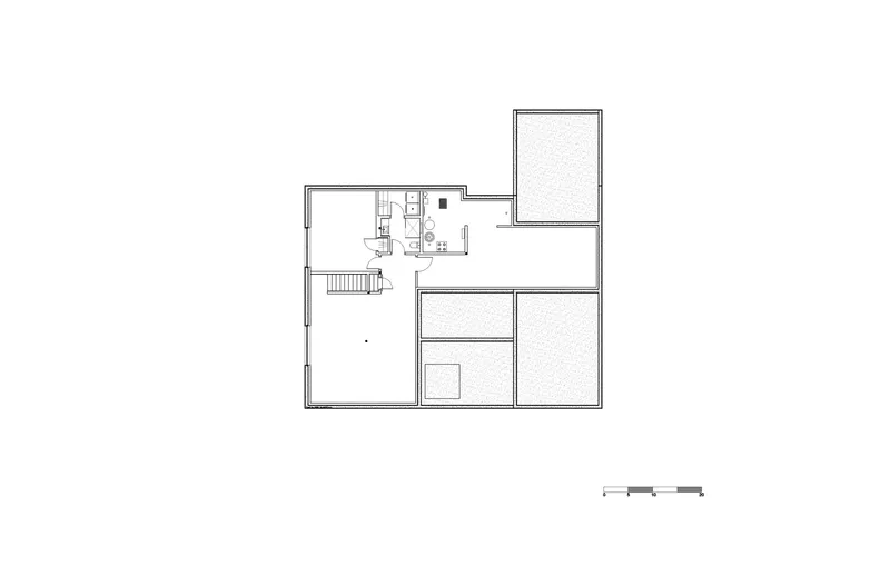 Floor plan drawing showing the upper level with bathroom cluster and open rooms