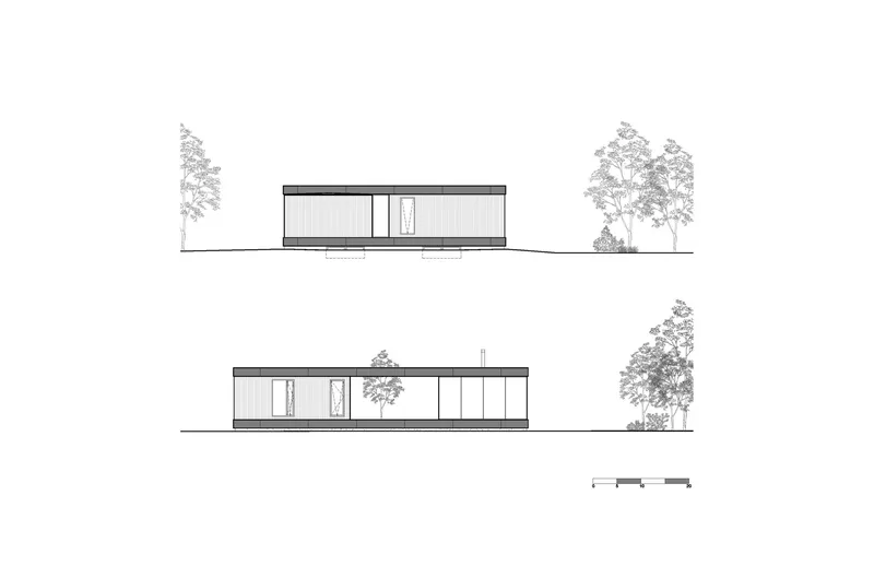 Elevation drawings showing the flat-roofed single-story structure with glazing and trees