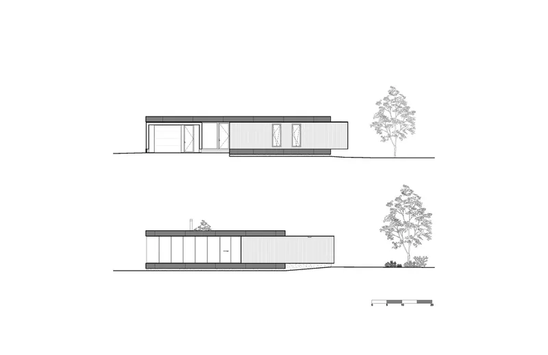 Elevation drawings showing opposite facades with horizontal slat screens and planted trees