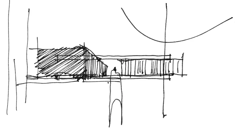 Sketch elevation showing a low horizontal building with hatched sloped roof and vertical screening elements