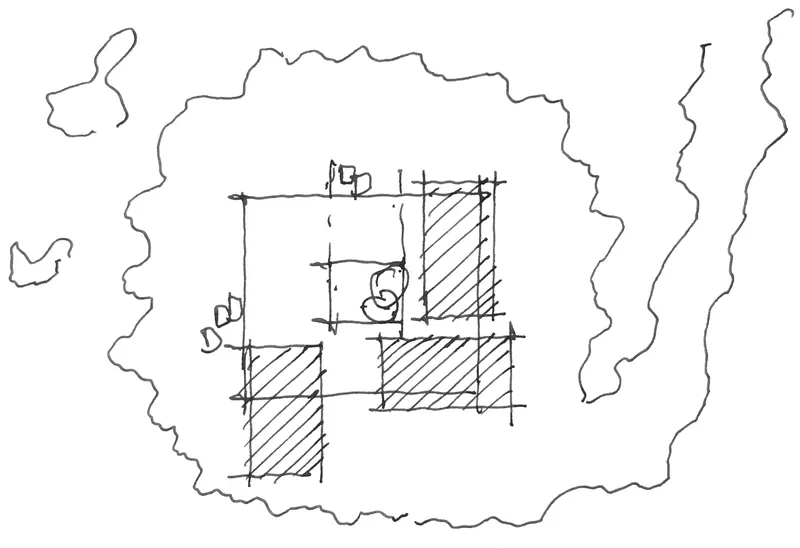 Plan sketch depicting a compact rectangular building surrounded by irregular tree canopy outlines