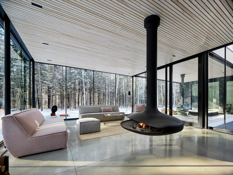 Interior living space with suspended black fireplace and floor-to-ceiling windows overlooking a snowy birch forest