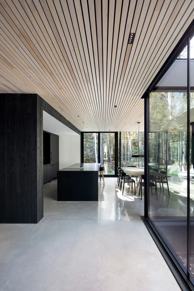 Open kitchen and dining area with wood slat ceiling and polished concrete floor beneath full-height glazing