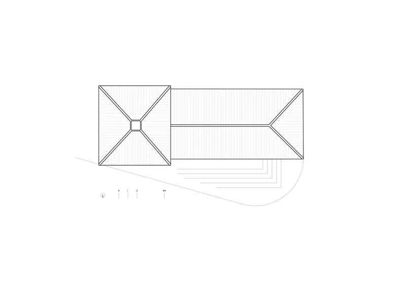Roof plan drawing showing two volumes with pyramidal and gabled roofs connected by stepped terracing