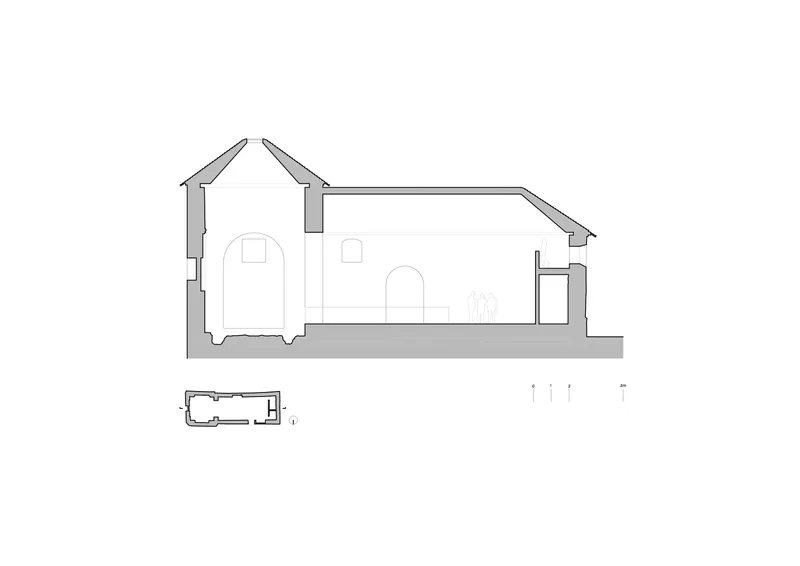 Section drawing revealing the interior spatial relationships between the pitched roof volumes and arched openings