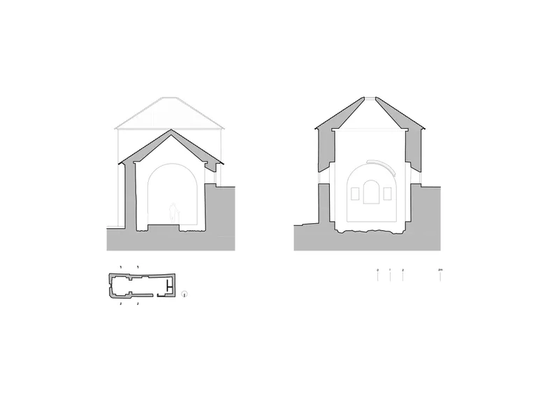 Cross section drawings displaying two views of the gabled structure with vaulted interior spaces