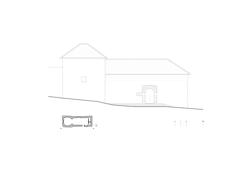 Elevation drawing showing the sloped site with two connected volumes and an arched entry portal
