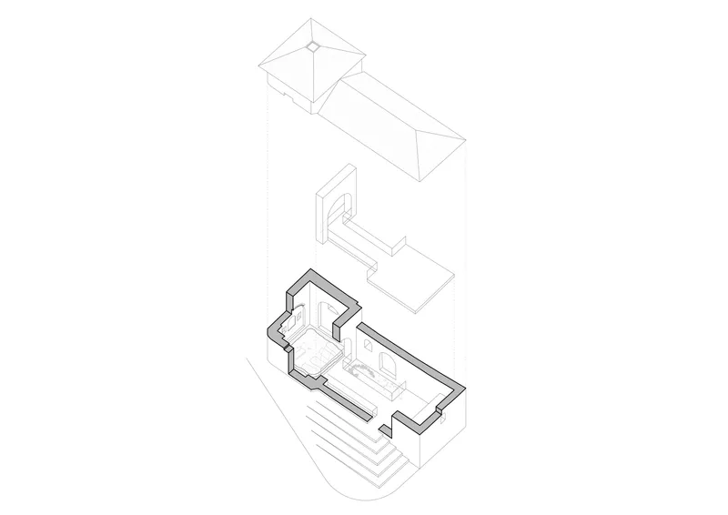 Axonometric drawing illustrating the layered roof forms above the interior layout with stepped exterior approach