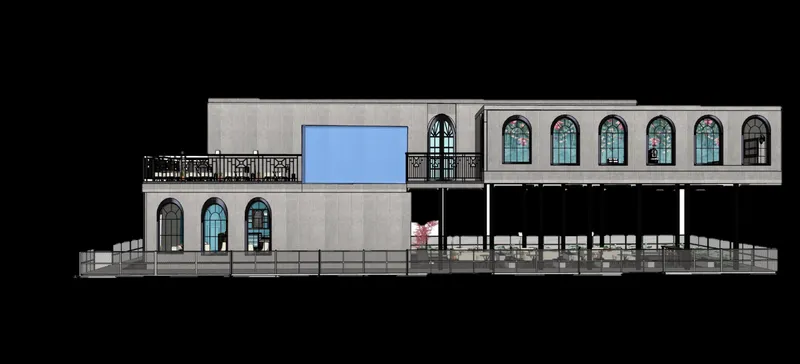 Front elevation illustrating the project's distinctive architectural identity through arches, elevated volumes, and layered outdoor spaces.