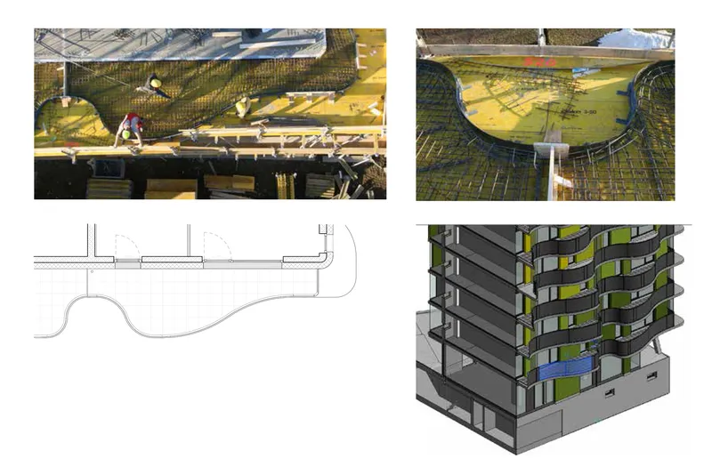 Axonometric drawing showing stacked residential floors with alternating balconies in yellow and green