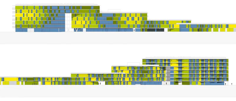 Elevation drawings showing the chequered yellow and blue facade pattern across connected building volumes