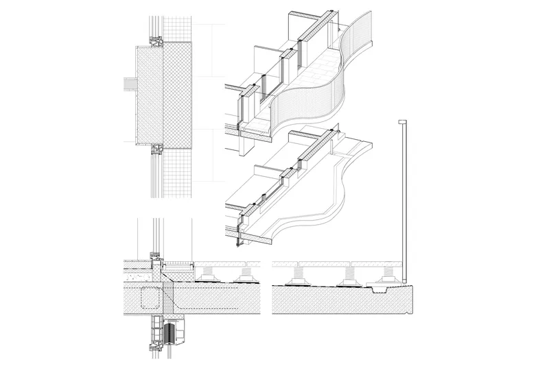 Construction detail drawings showing balcony connections, window assemblies and drainage sections in plan and isometric views