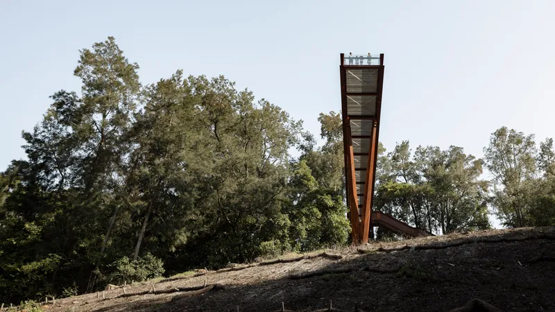 Tall weathered steel observation tower rising from a hilltop clearing surrounded by mature trees
