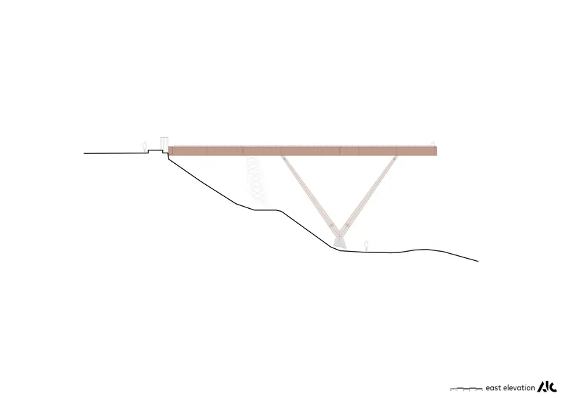 East elevation drawing showing a horizontal deck supported by angled struts above sloping terrain