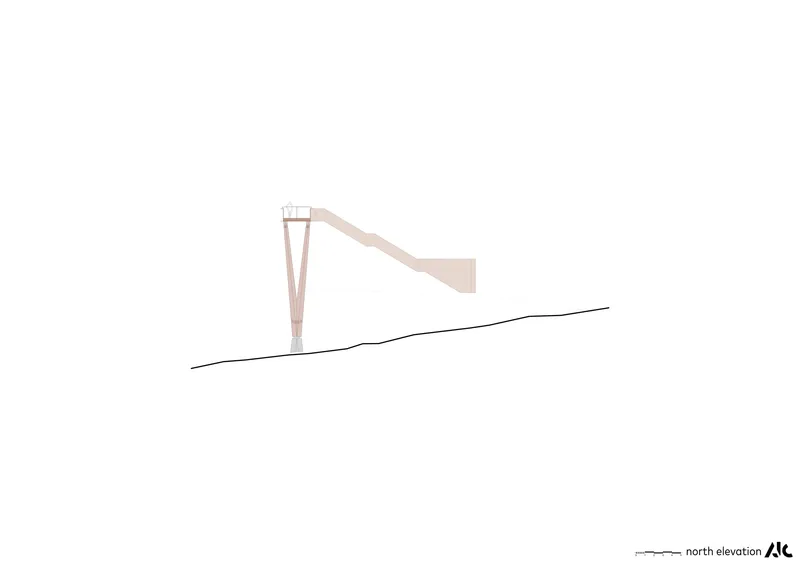 North elevation drawing showing a cantilevered platform extending from a tapered vertical support