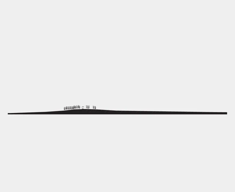 Section drawing showing a slender horizontal volume with figures ascending the interior ramp
