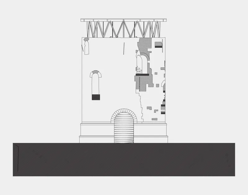 Section drawing revealing an arched staircase entrance and interior spatial configuration with suspended elements