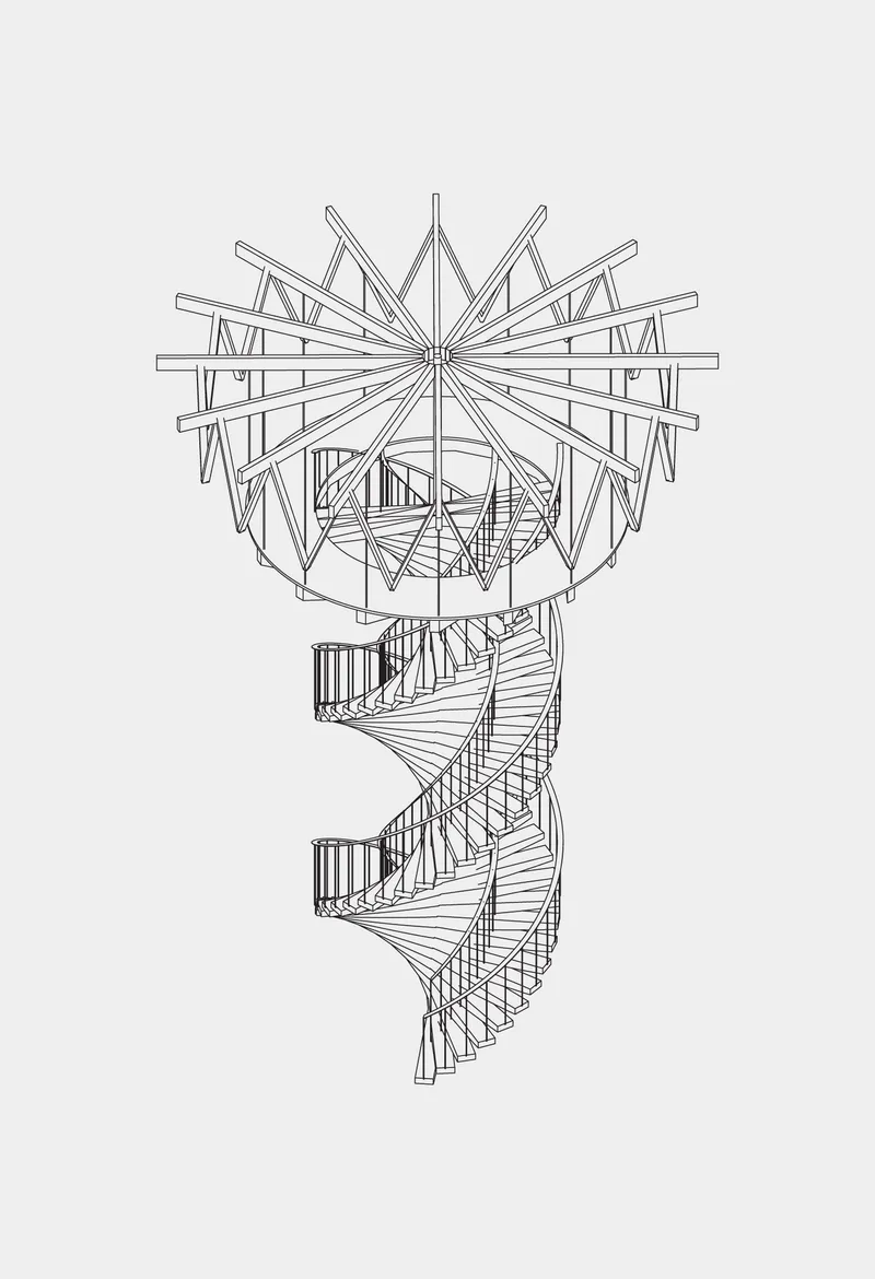 Isometric drawing isolating the helical staircase beneath the radiating timber roof structure