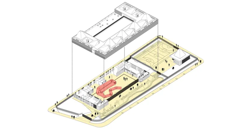 Exploded axonometric drawing showing roof and floor levels with central curving red element and figures
