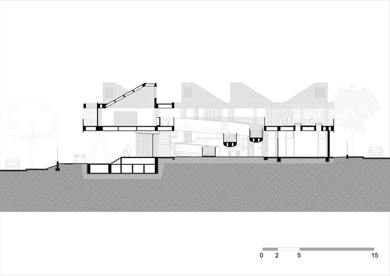 Section drawing depicting multiple levels with cascading terraces and four sculptural shell-like roof forms